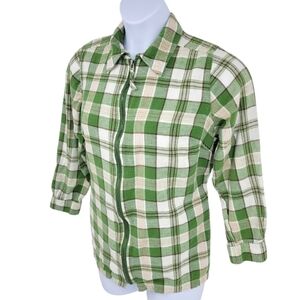 Essentials by Maggie Womens‎ Green and White Zip Up Plaid Shirt 100% Cotton 16W